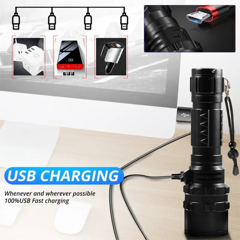 High Power XHP220 Powerful LED Flashlight Tactical Military Torch USB Camping Waterproof Self Defence