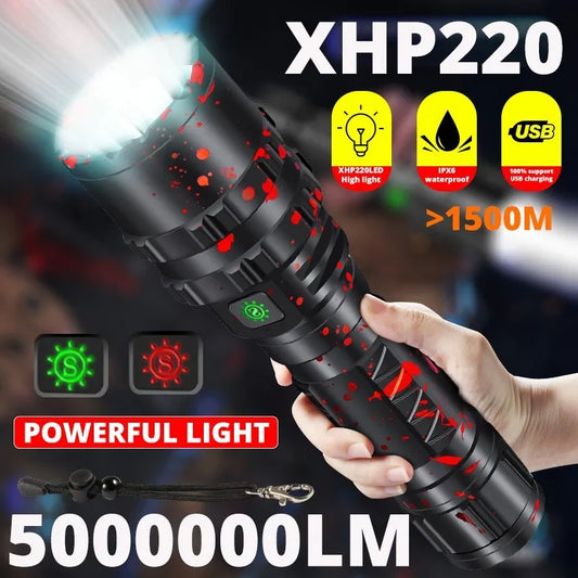 High Power XHP220 Powerful LED Flashlight Tactical Military Torch  USB Camping Waterproof Self Defence