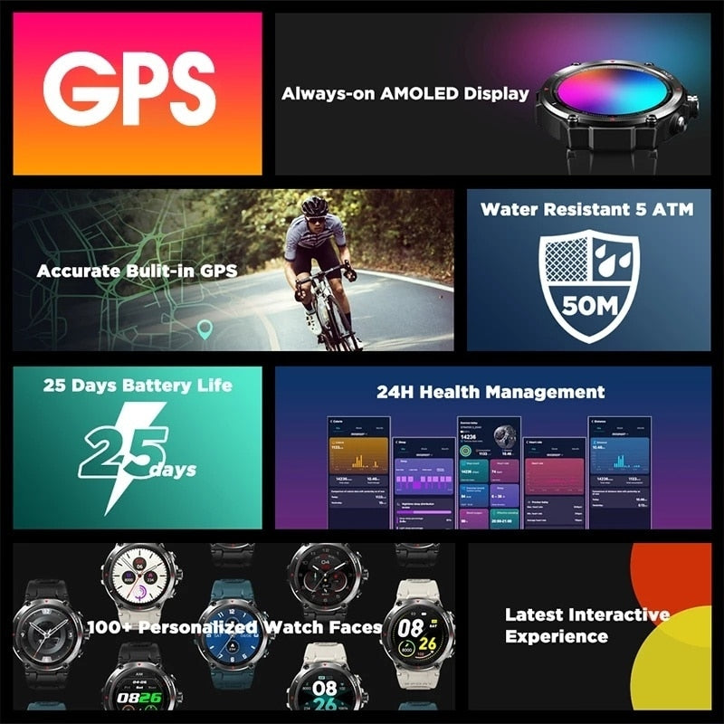 GPS Smart Watch AMOLED Display 24h Health Monitor