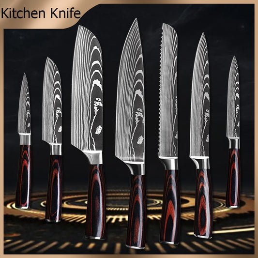 Kitchen Knives 1-10 Stainless Steel Laser Damascus Pattern Japanese Santoku