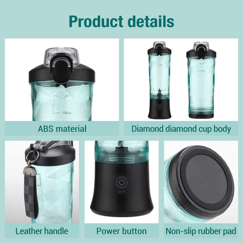 Portable Blender 600ML Electric Juicer Fruit Mixers 4000mAh USB Rechargeable