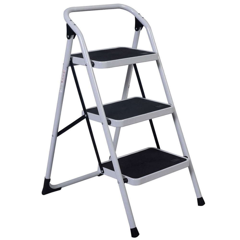 Home Use 3-Step Short Handrail Iron Ladder Black & White