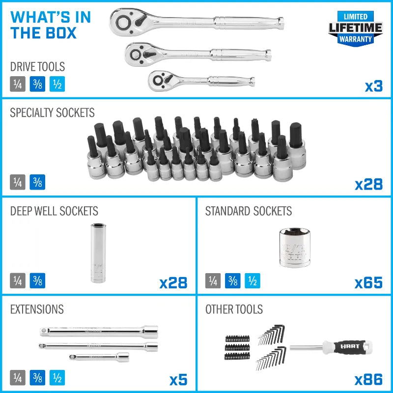 HART 215-Piece Mechanics Tool Set, Multiple Drive, Chrome Finish