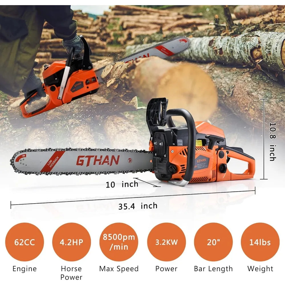 62cc Gas Chainsaws 2-Cycle Gasoline Powered Chain Saws Handheld Cordless Petrol Chainsaws Optional 20 Inches Gas Chain Saws