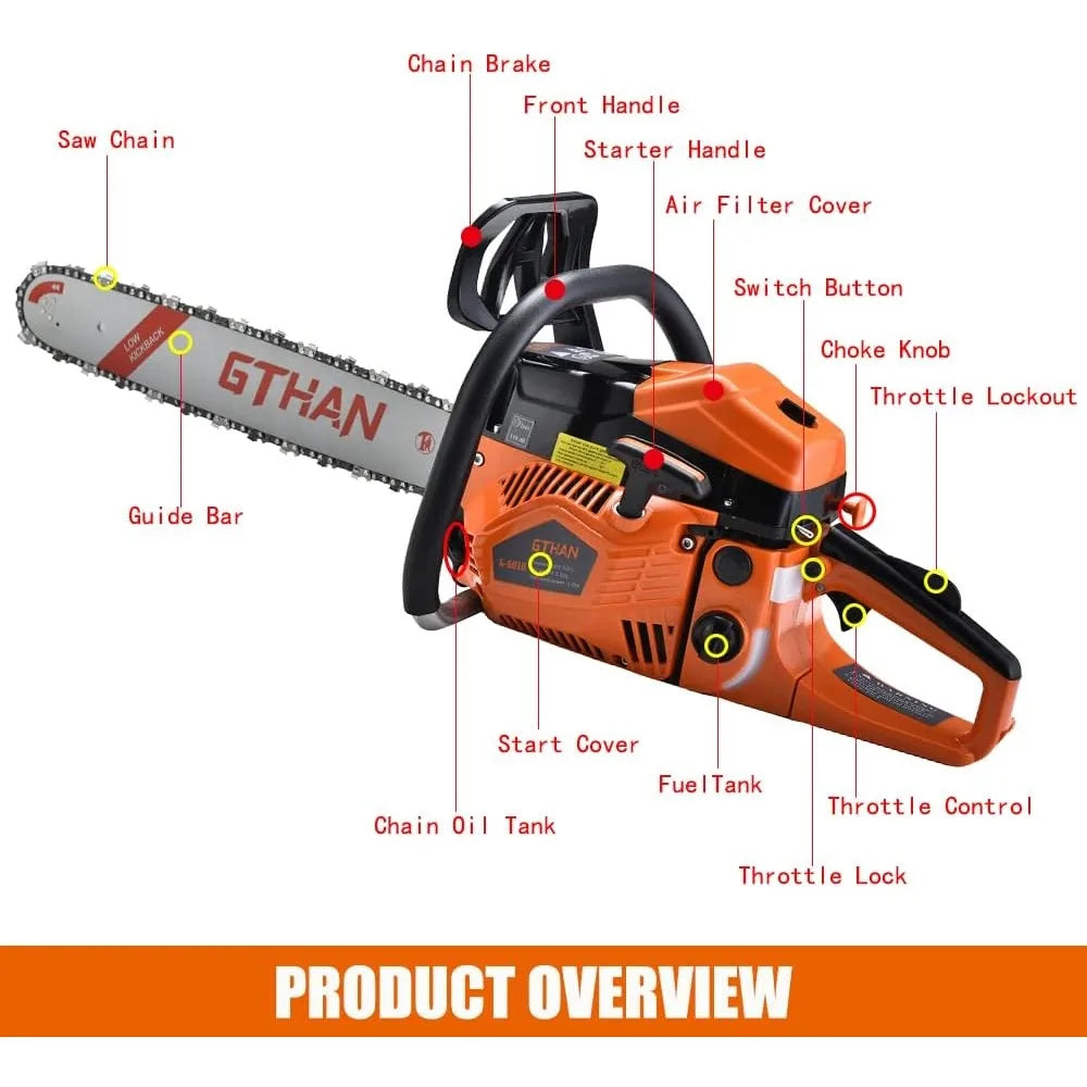 62cc Gas Chainsaws 2-Cycle Gasoline Powered Chain Saws Handheld Cordless Petrol Chainsaws Optional 20 Inches Gas Chain Saws