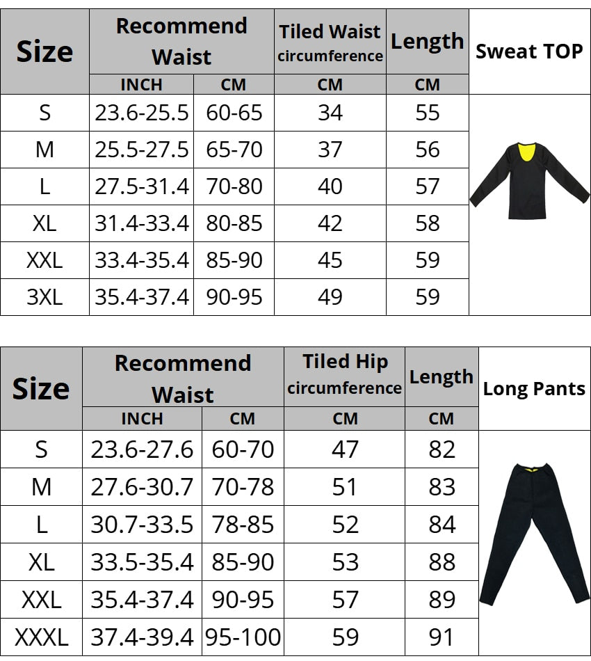 Neoprene Sweat Sauna Shirt Body Shapers Long Sleeve Shirt + Pant Waist  Weight Loss